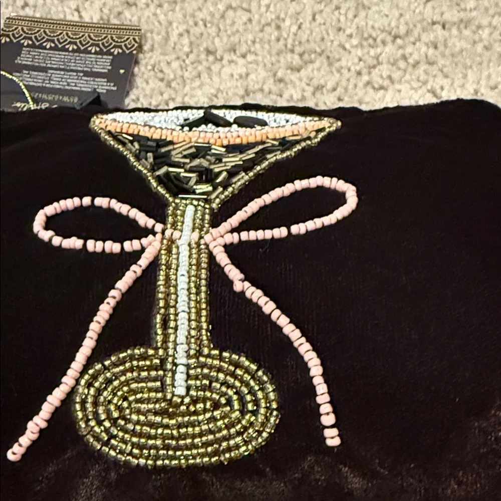 Brown Espresso Martini Velvet Cosmetic Bag with Beaded Cocktail Design Pink New